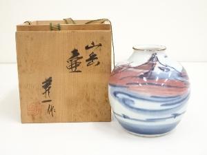 篠田義一造　染付山岳壷（共箱）